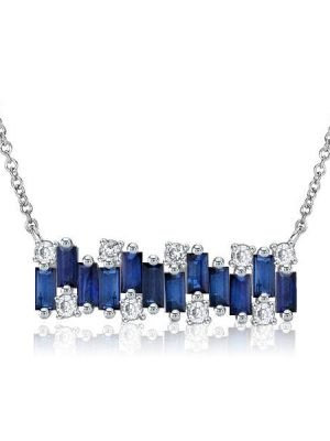 Blue Sapphire Baguette Bar Necklace - Sterling Silver, 17-22 Inch Chain