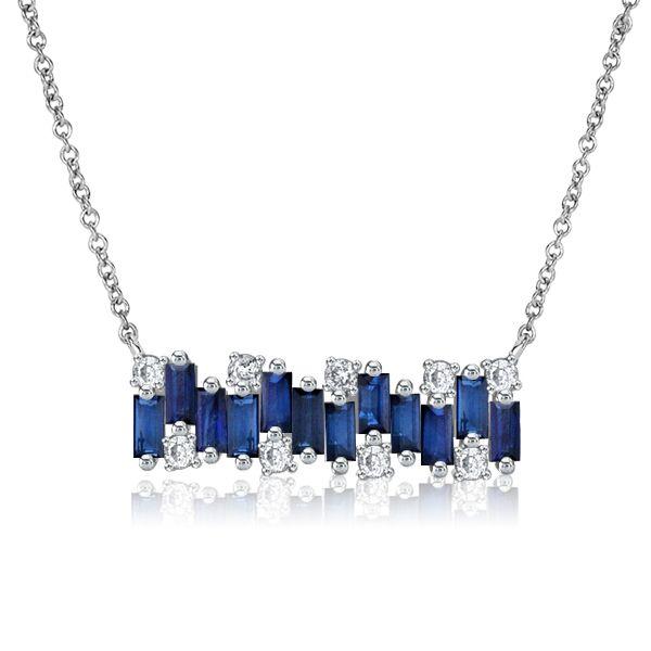 Blue Sapphire Baguette Bar Necklace - Sterling Silver, 17-22 Inch Chain
