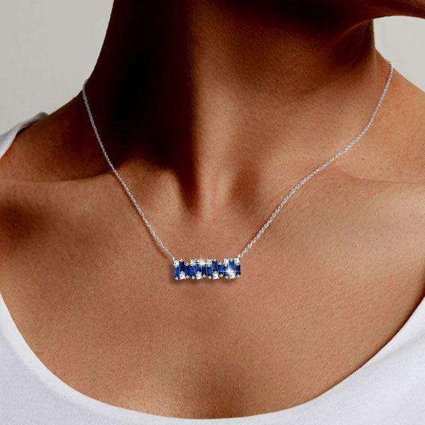 Blue Sapphire Baguette Bar Necklace - Sterling Silver, 17-22 Inch Chain