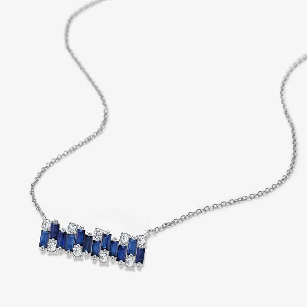 Blue Sapphire Baguette Bar Necklace - Sterling Silver, 17-22 Inch Chain