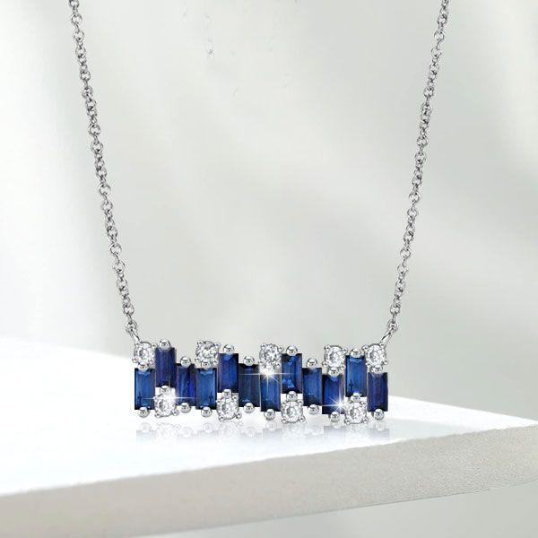 Blue Sapphire Baguette Bar Necklace - Sterling Silver, 17-22 Inch Chain