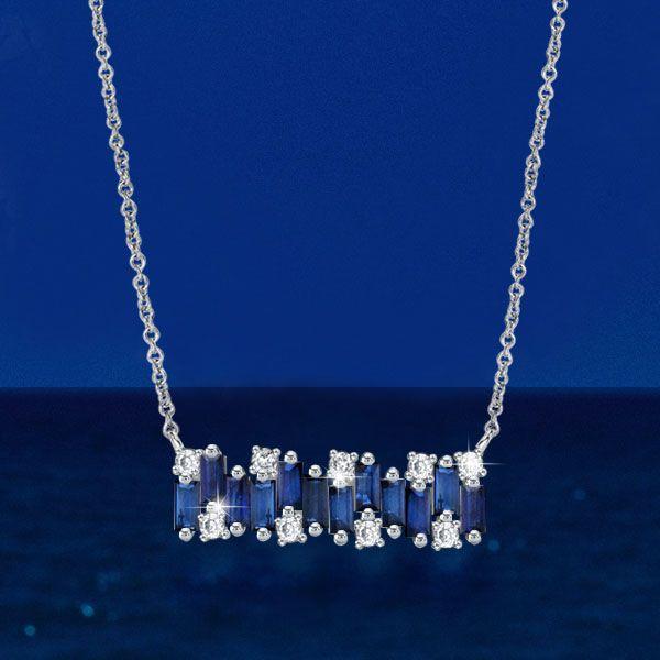 Blue Sapphire Baguette Bar Necklace - Sterling Silver, 17-22 Inch Chain