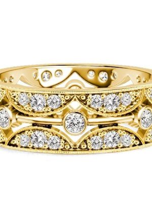 Women's Eternity Band Ring | Round Cut Stones with Golden Bezel Setting | 18K Gold Plated Sterling Silver