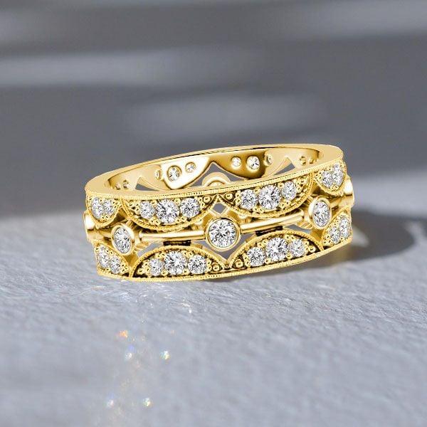 Women's Eternity Band Ring | Round Cut Stones with Golden Bezel Setting | 18K Gold Plated Sterling Silver