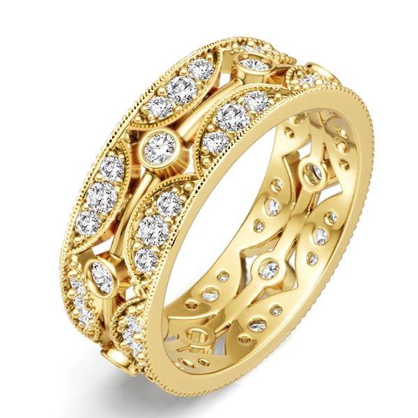 Women's Eternity Band Ring | Round Cut Stones with Golden Bezel Setting | 18K Gold Plated Sterling Silver