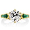 Golden Round Cut White Sapphire & Emerald Accent Engagement Ring in 18K Gold Plated Sterling Silver