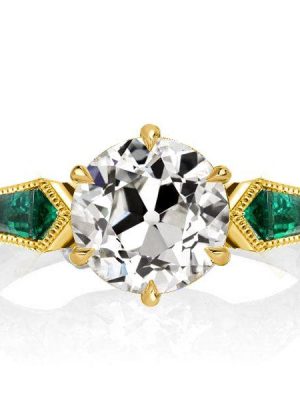 Golden Round Cut White Sapphire & Emerald Accent Engagement Ring in 18K Gold Plated Sterling Silver