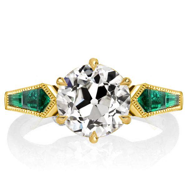 Golden Round Cut White Sapphire & Emerald Accent Engagement Ring in 18K Gold Plated Sterling Silver