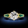 Golden Round Cut White Sapphire & Emerald Accent Engagement Ring in 18K Gold Plated Sterling Silver