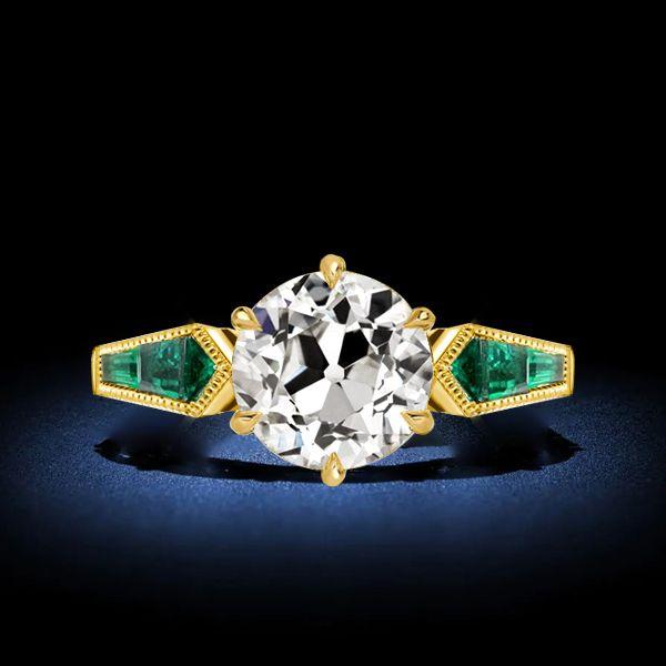 Golden Round Cut White Sapphire & Emerald Accent Engagement Ring in 18K Gold Plated Sterling Silver
