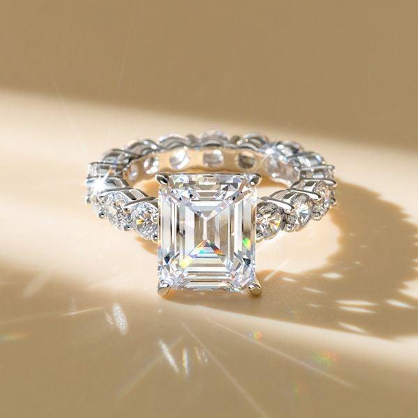 Emerald Cut Created White Sapphire Eternity Ring in Rhodium Plated 925 Sterling Silver