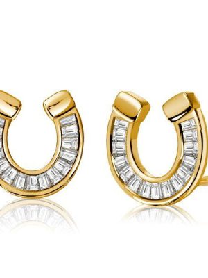 18K Gold Plated Sterling Silver Horseshoe Stud Earrings with Baguette Cut Stones