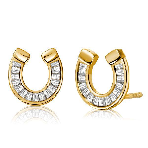 18K Gold Plated Sterling Silver Horseshoe Stud Earrings with Baguette Cut Stones