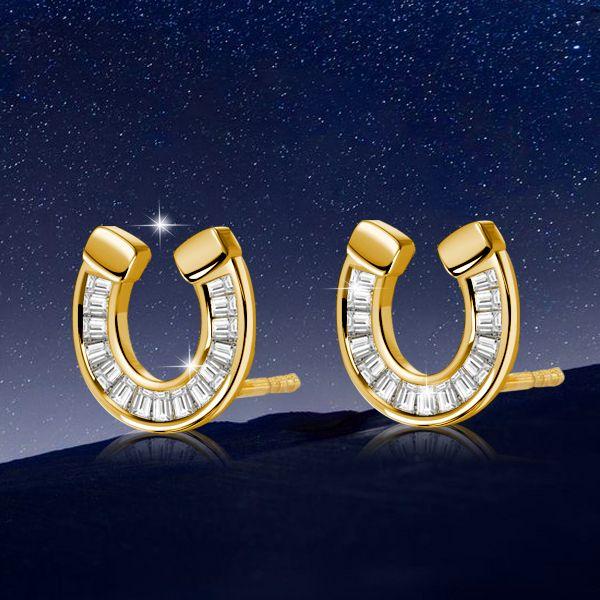 18K Gold Plated Sterling Silver Horseshoe Stud Earrings with Baguette Cut Stones