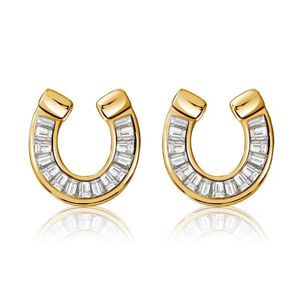 18K Gold Plated Sterling Silver Horseshoe Stud Earrings with Baguette Cut Stones