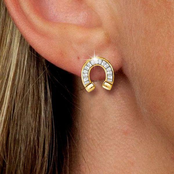 18K Gold Plated Sterling Silver Horseshoe Stud Earrings with Baguette Cut Stones