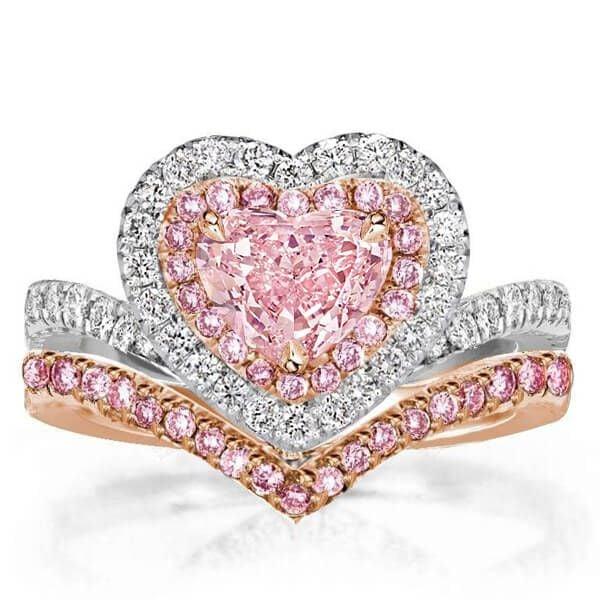Two Tone Heart Cut Bridal Set, 1.25 CT. Center Stone, Sterling Silver Engagement and Wedding Band Set