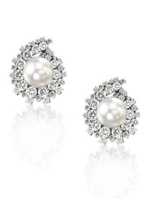 Round Cut White Pearl Stud Earrings in 925 Sterling Silver with Rhodium Finish