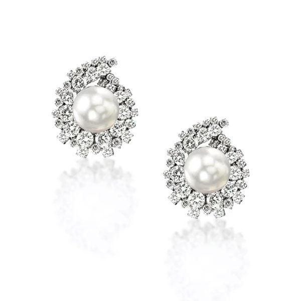 Round Cut White Pearl Stud Earrings in 925 Sterling Silver with Rhodium Finish
