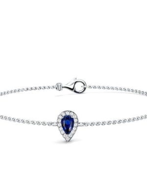 Halo Blue Sapphire Pear Cut Chain Bracelet for Women in Sterling Silver