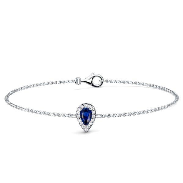 Halo Blue Sapphire Pear Cut Chain Bracelet for Women in Sterling Silver