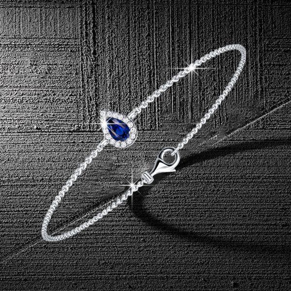 Halo Blue Sapphire Pear Cut Chain Bracelet for Women in Sterling Silver