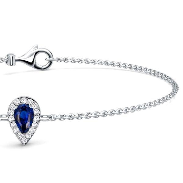 Halo Blue Sapphire Pear Cut Chain Bracelet for Women in Sterling Silver