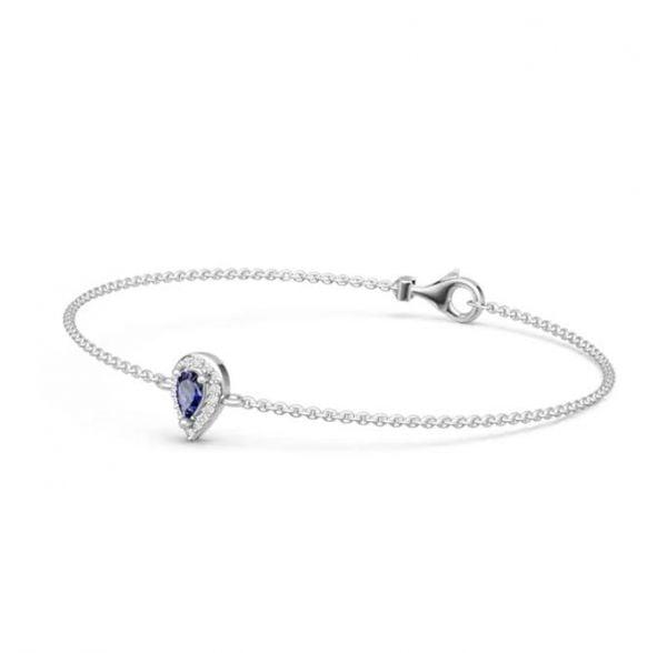 Halo Blue Sapphire Pear Cut Chain Bracelet for Women in Sterling Silver
