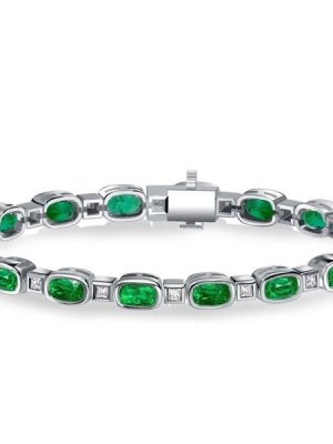 Bezel Setting Cushion Cut Emerald Tennis Bracelet in Rhodium Plated Sterling Silver