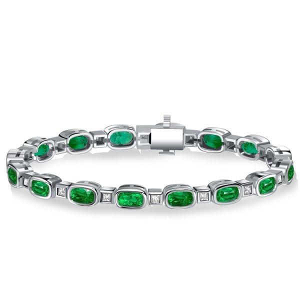 Bezel Setting Cushion Cut Emerald Tennis Bracelet in Rhodium Plated Sterling Silver