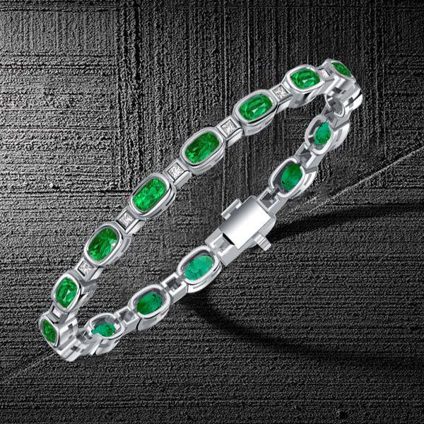 Bezel Setting Cushion Cut Emerald Tennis Bracelet in Rhodium Plated Sterling Silver