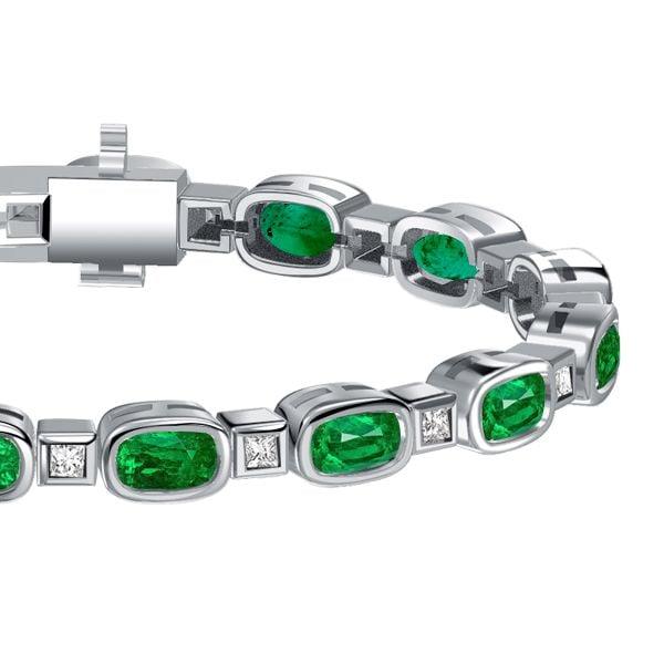 Bezel Setting Cushion Cut Emerald Tennis Bracelet in Rhodium Plated Sterling Silver