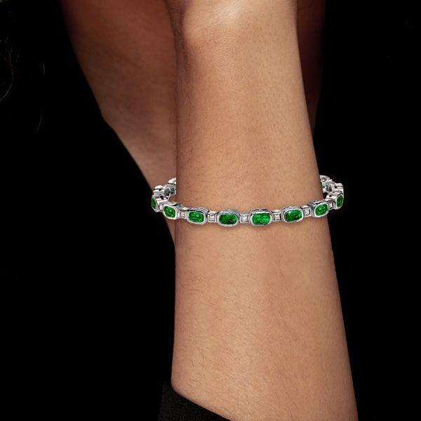 Bezel Setting Cushion Cut Emerald Tennis Bracelet in Rhodium Plated Sterling Silver