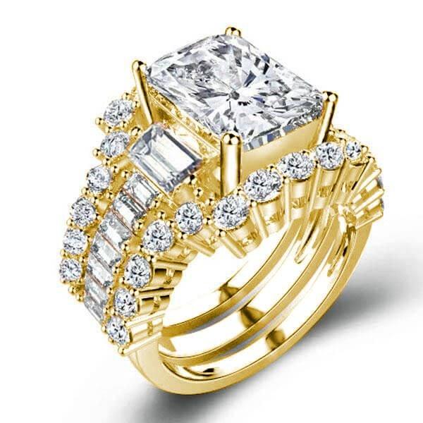 Three Stone White Sapphire 3-Piece Wedding Set in 18K Gold Plated Sterling Silver