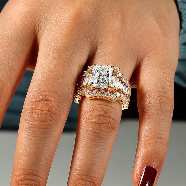 Three Stone White Sapphire 3-Piece Wedding Set in 18K Gold Plated Sterling Silver
