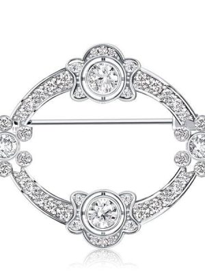 Art Deco Oval Brooch in 925 Sterling Silver with Rhodium Finish