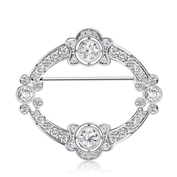 Art Deco Oval Brooch in 925 Sterling Silver with Rhodium Finish
