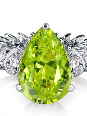 Pear Shaped Peridot Engagement Ring in Rhodium Plated Sterling Silver