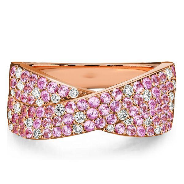 Paved Pink Stone Crossover Ring - 18K Rose Gold Plated Sterling Silver Criss-Cross Wedding Band