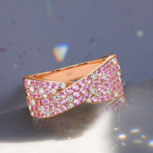 Paved Pink Stone Crossover Ring - 18K Rose Gold Plated Sterling Silver Criss-Cross Wedding Band