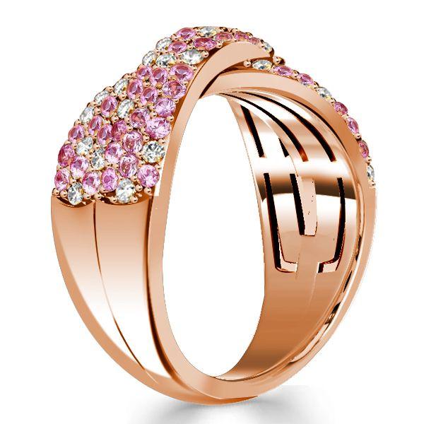 Paved Pink Stone Crossover Ring - 18K Rose Gold Plated Sterling Silver Criss-Cross Wedding Band