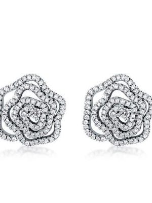 Rose Flower Stud Earrings in 925 Sterling Silver with Created White Sapphire