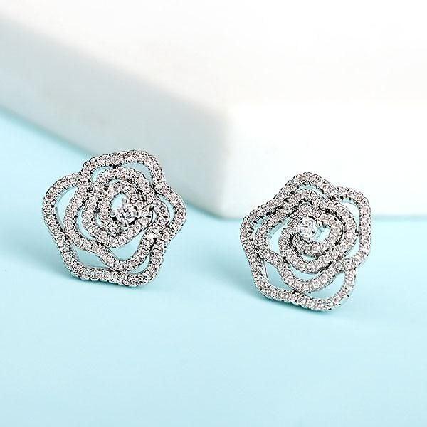 Rose Flower Stud Earrings in 925 Sterling Silver with Created White Sapphire