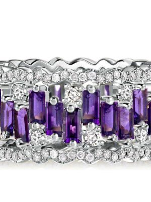 Baguette Cut Amethyst Eternity Band - Sterling Silver Anniversary Ring