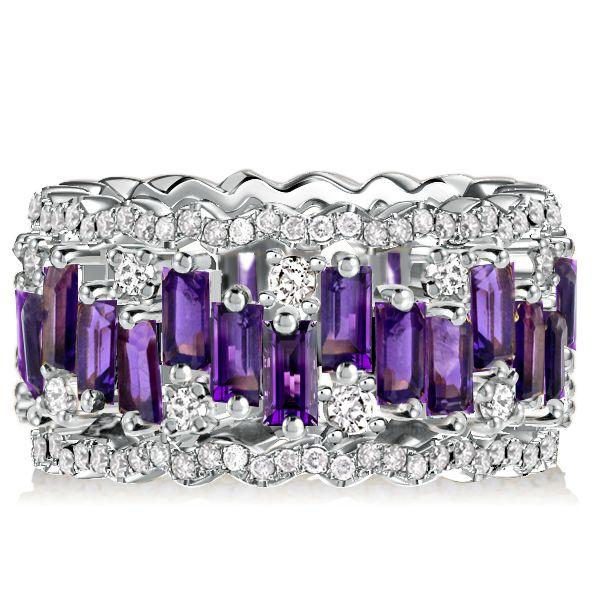 Baguette Cut Amethyst Eternity Band - Sterling Silver Anniversary Ring