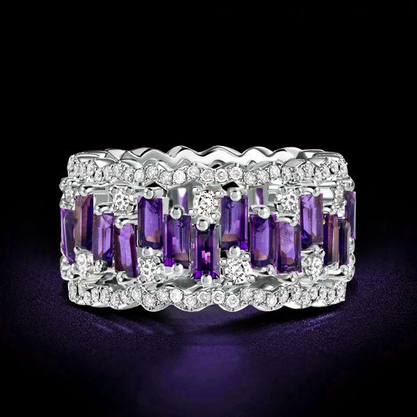 Baguette Cut Amethyst Eternity Band - Sterling Silver Anniversary Ring