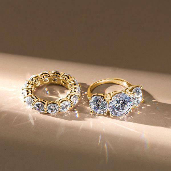 18K Gold Plated Sterling Silver Three Stone Engagement Wedding Ring Set for Women