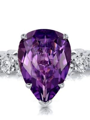 Pear Shaped Amethyst Engagement Ring in Rhodium Plated Sterling Silver