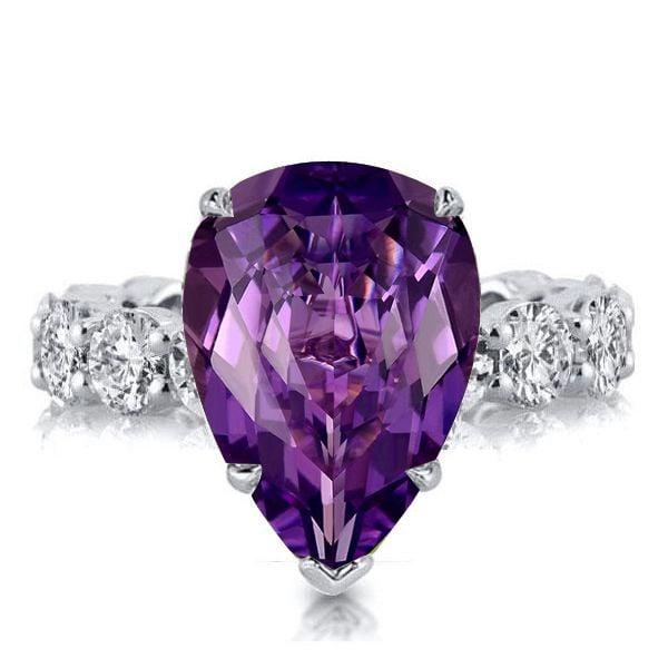 Pear Shaped Amethyst Engagement Ring in Rhodium Plated Sterling Silver