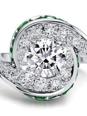 Halo Round Cut Emerald & White Sapphire Engagement Ring in Sterling Silver